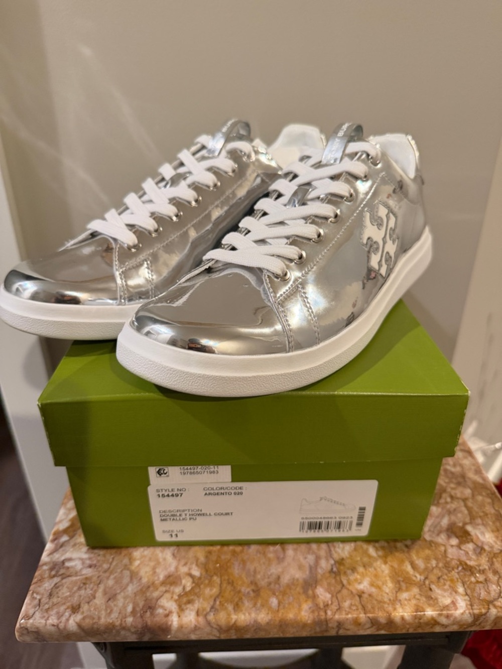 Tory Burch Metallic Silver Low-Top Sneakers New With Box and Shoe Bag